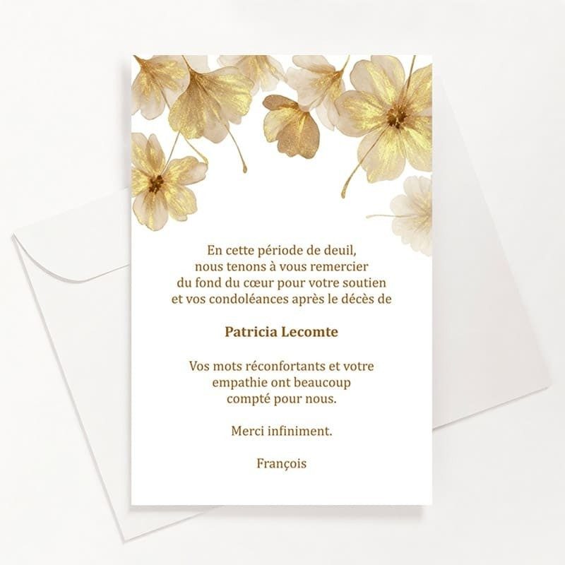 Carte de remerciements funéraire fleurs or