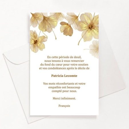 Carte de remerciements funéraire fleurs or