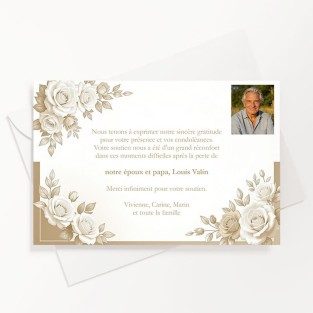 Carte de remerciements décès décor fleuri avec photo