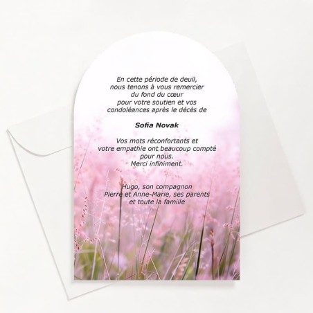 Carte de remerciements funéraire champs de fleurs roses