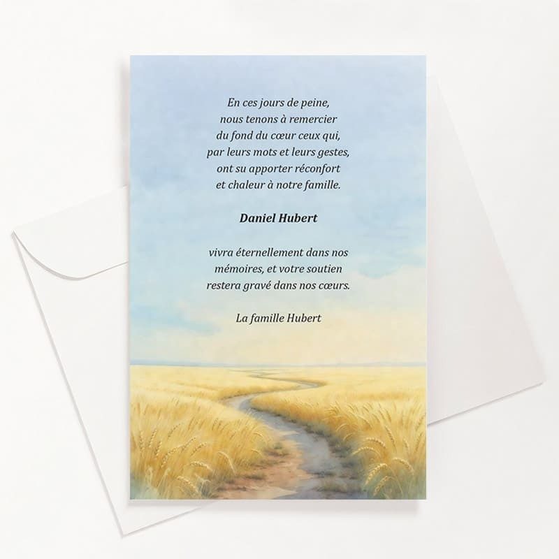 Carte de remerciements funéraire campagne aquarelle