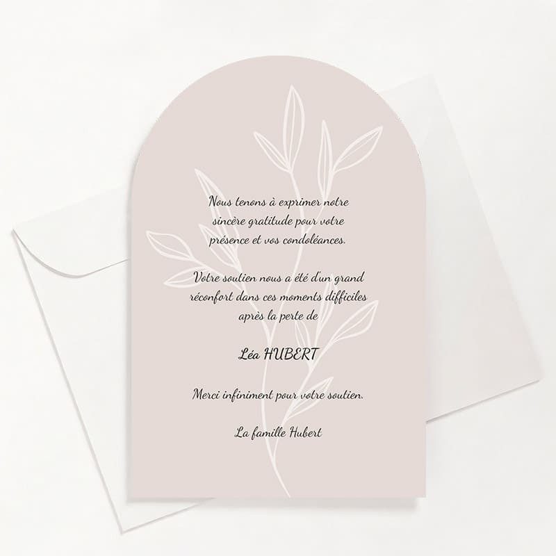 Carte de remerciements funéraire beige feuillage
