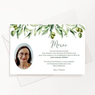Carte de remerciements décès branche olivier avec photo