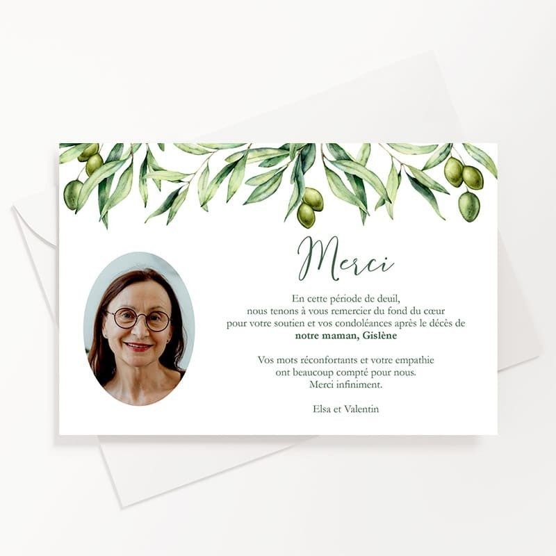 Carte de remerciements décès branche olivier avec photo