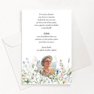 Carte de remerciements funéraire fleurs champêtres avec photo