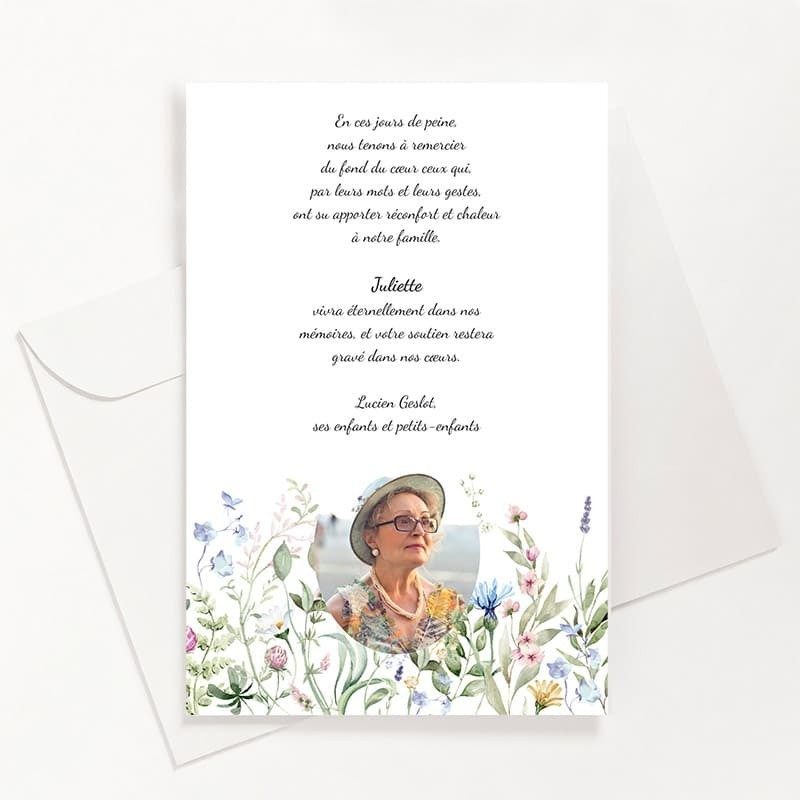Carte de remerciements funéraire fleurs champêtres avec photo