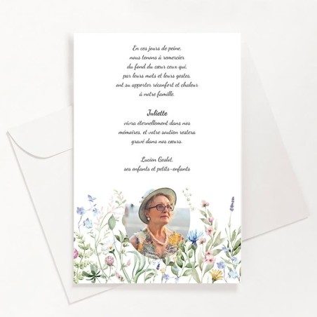 Carte de remerciements funéraire fleurs champêtres avec photo