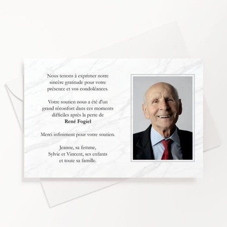 Carte de remerciements décès marbre blanc avec photo