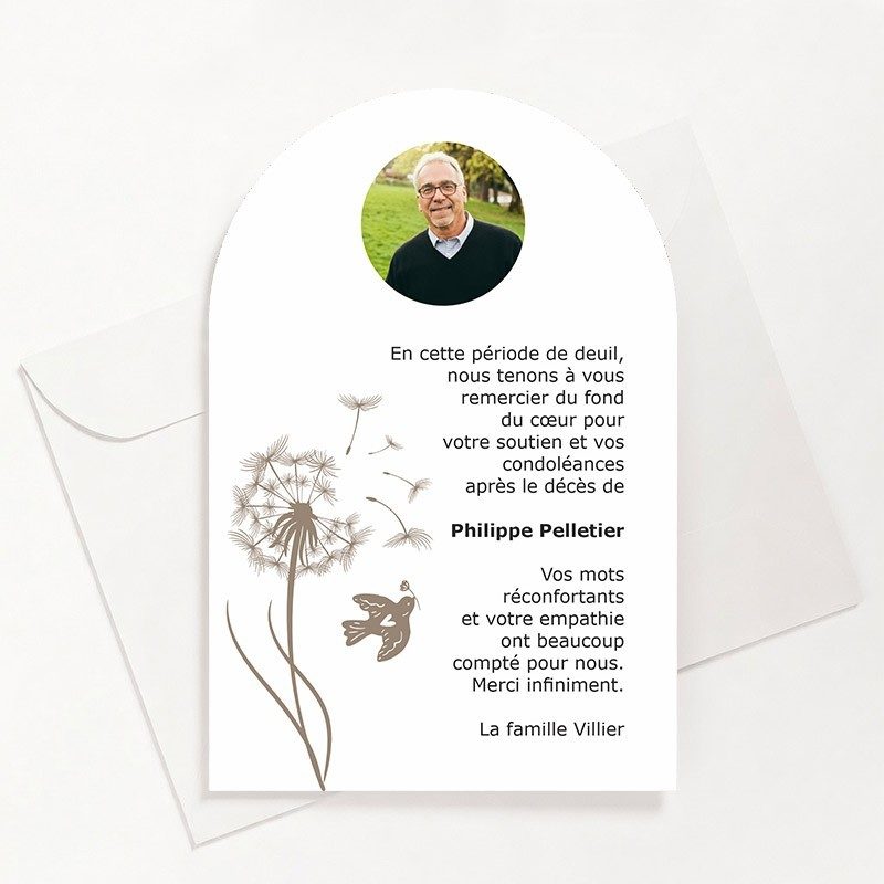Carte de remerciements funéraire pissenlit avec photo